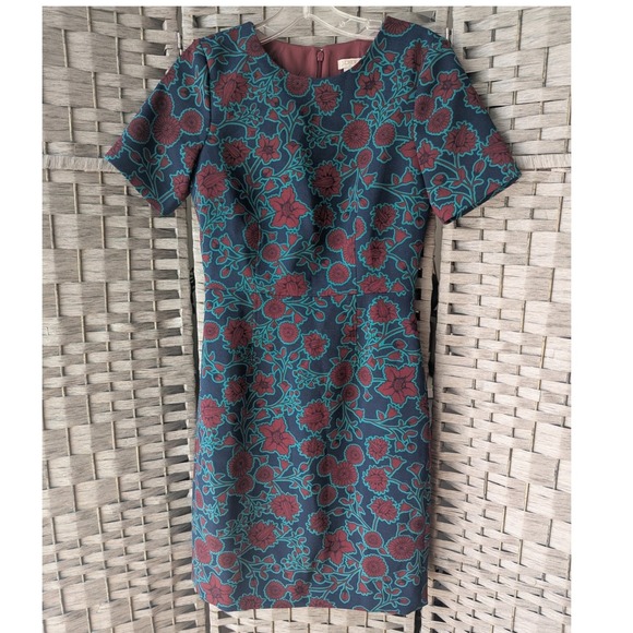 J.Crew Dresses & Skirts - J.Crew Sheath Dress Blue Teal Burgundy Floral Print Short Sleeve Sz 0 Mod Retro‎